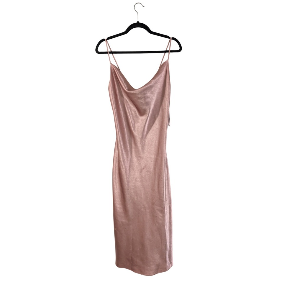 Birdy Grey Satin Midi Dress Womens Large Rose Gold Cowl Neck Metallic Slip Dress